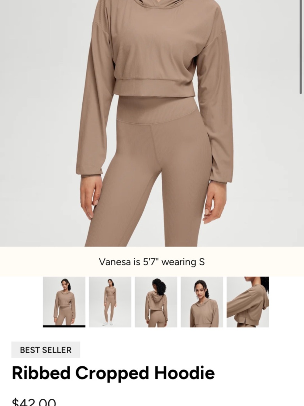 Ribbed Cropped Hoodie Set in Taupe